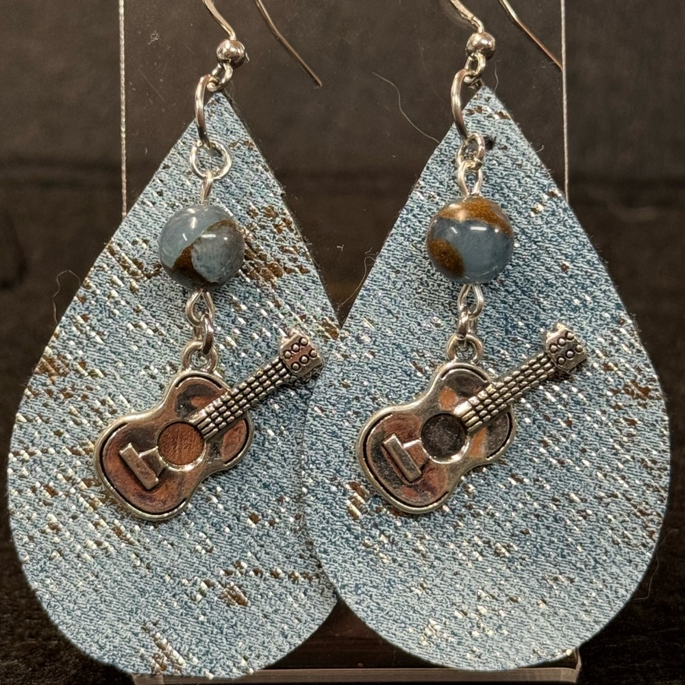 Handmade blue & silver faux denim guitar earrings